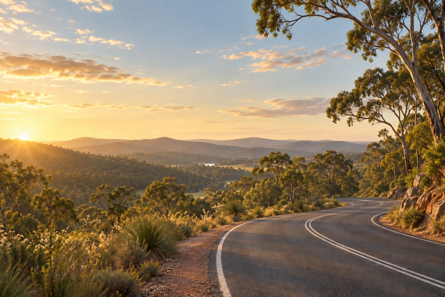Illustration of a winding road through Australian eucalyptus woodland at sunset